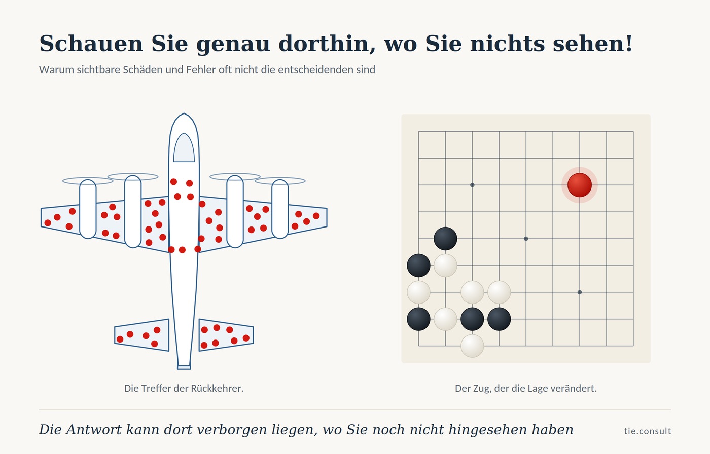 Links der Bomber mit Einschusslöchern, rechts ein Go-Spielfeld mit gehäuften Steinen links unten und einem roten Stein im freien Bereich oben rechts