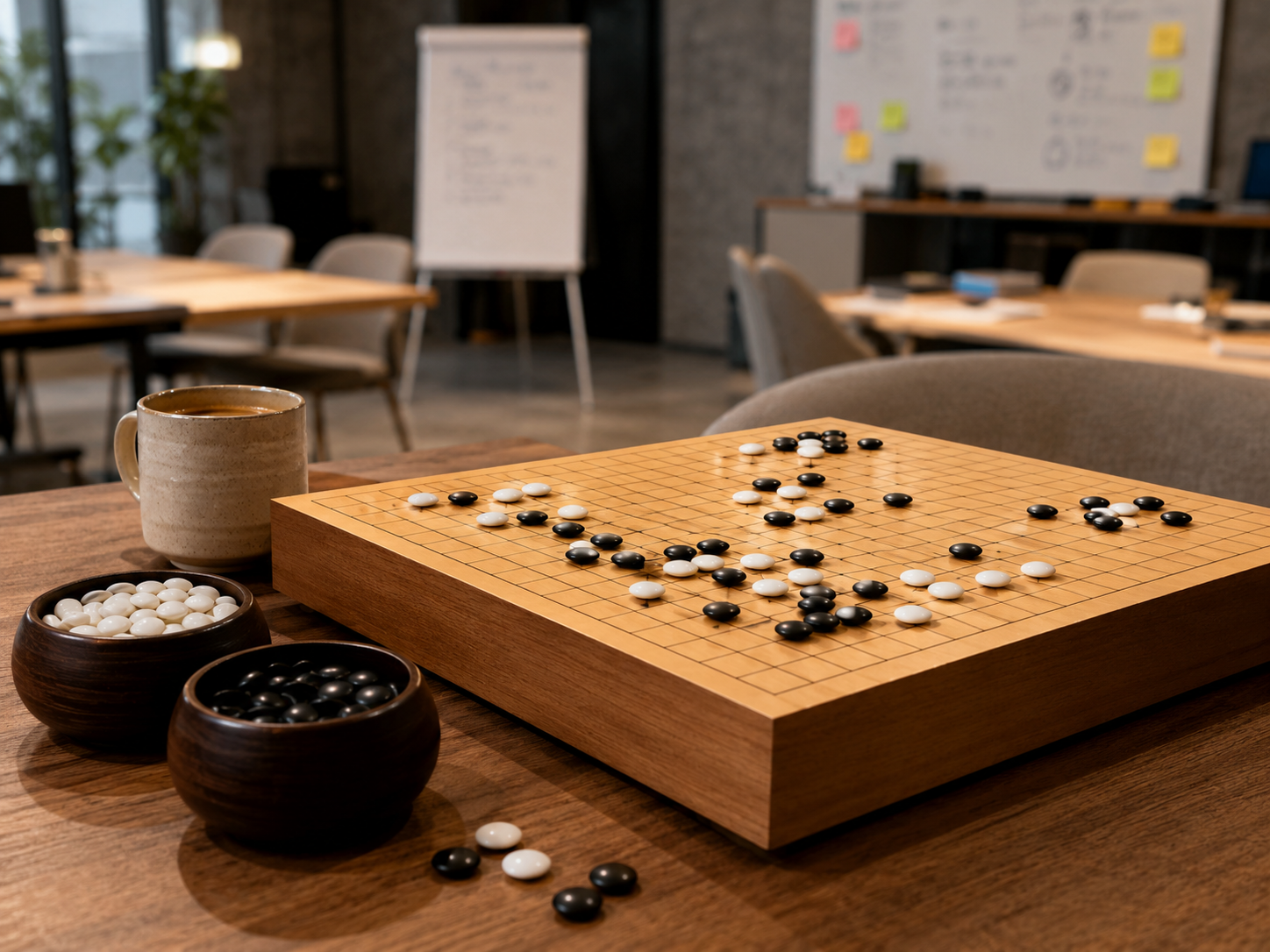 Go-Brett mit Steinen und Schalen in einem Workshop-Raum
