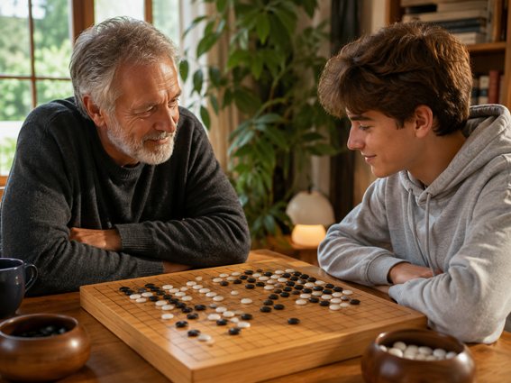 Zwei Menschen verschiedener Generationen an einem Go-Brett — Weitergabe von Erfahrung und strategischem Denken.